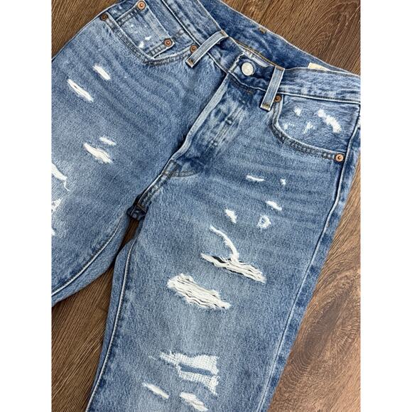 Levi's 150th Anniversary 501 Destroyed Holes Button Fly Blue Jeans 24 X 30 - Picture 2 of 6